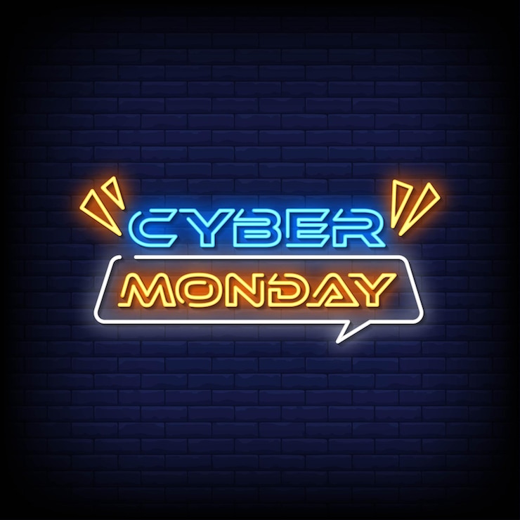 Vector texto de estilo de letreros de neón de cyber monday