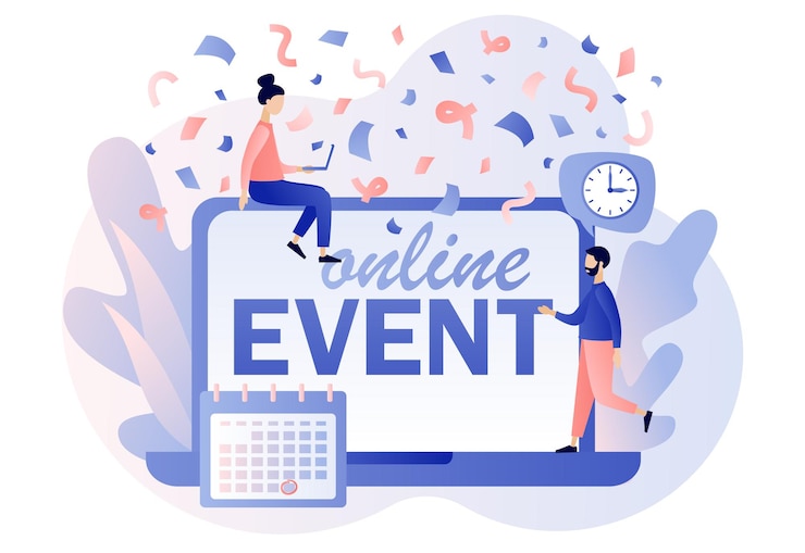 Vector texto de eventos en línea en la pantalla del portátil fiesta corporativa reunión de amigos y colegas