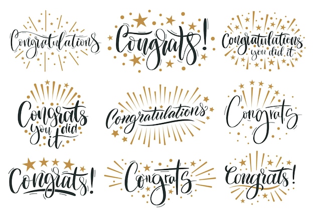 Texto de felicitación Felicitaciones letras y felicitaciones inscripción caligráfica para carteles de celebración Conjunto de vectores de palabras manuscritas