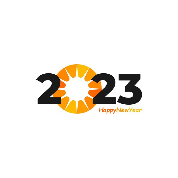 Texto de feliz año nuevo 2023 con el concepto de diseño Sun Portada del diario de negocios para 2023 con deseos Plantilla de diseño de folleto banner de tarjeta Ilustración vectorial Aislado sobre fondo blanco