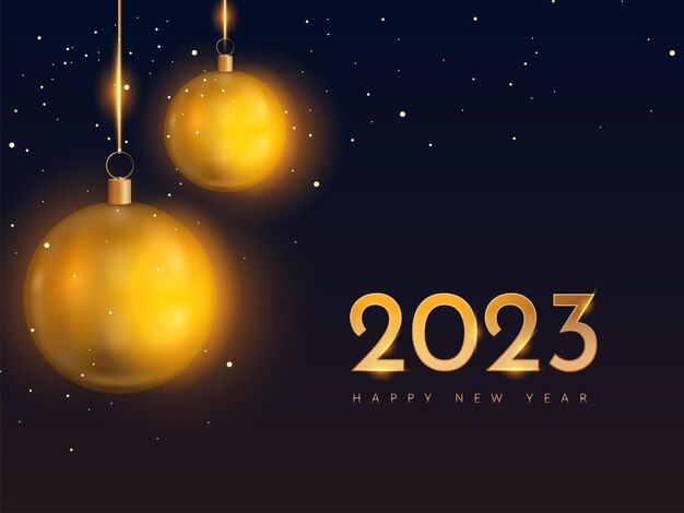Texto de feliz año nuevo dorado 2023 con adornos brillantes colgados en fondo azul degradado y marrón