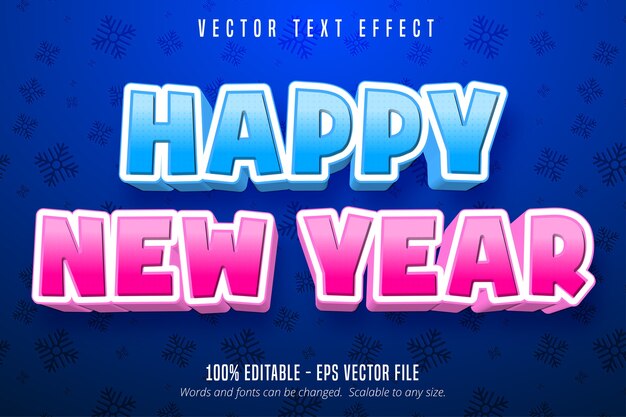 Texto de feliz año nuevo, efecto de texto editable de estilo de dibujos animados