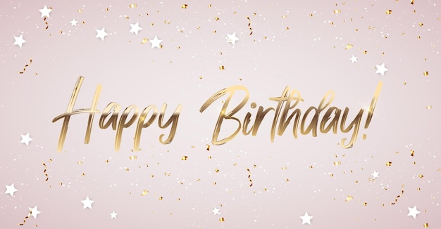 Texto de feliz cumpleaños dorado brillante con confeti