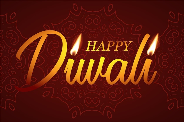 Texto feliz de Diwali con luces de velas sobre fondo rojo