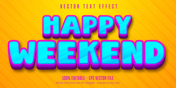 Vector texto de feliz fin de semana, efecto de texto editable de estilo de dibujos animados