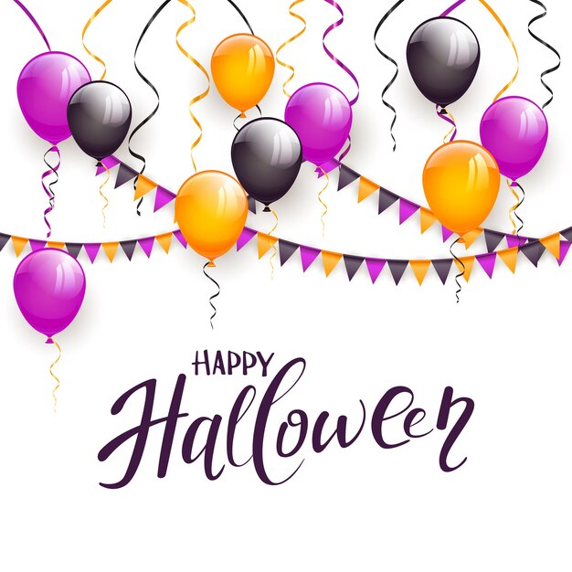 Texto Feliz Halloween y decoración sobre fondo blanco.