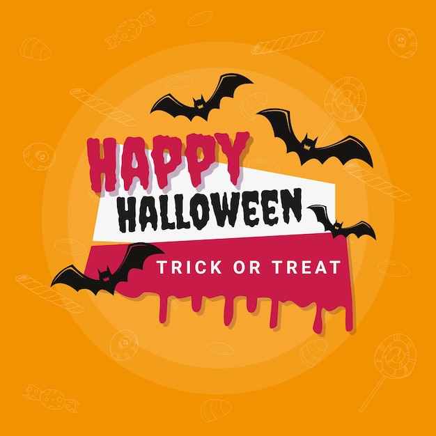 Texto Feliz Halloween y truco o trato y murciélagos sobre fondo de caramelo