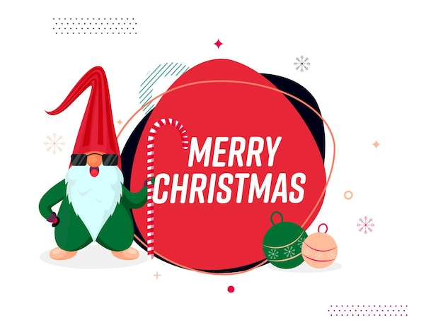 Texto de feliz navidad con bolas y un lindo gnomo sosteniendo un cañón de caramelo en fondo blanco