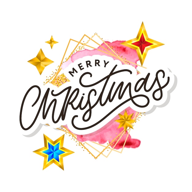 Texto de feliz navidad decorado con letras dibujadas a mano con estrellas doradas. elemento de diseño de tarjetas de felicitación. tipografía vectorial.