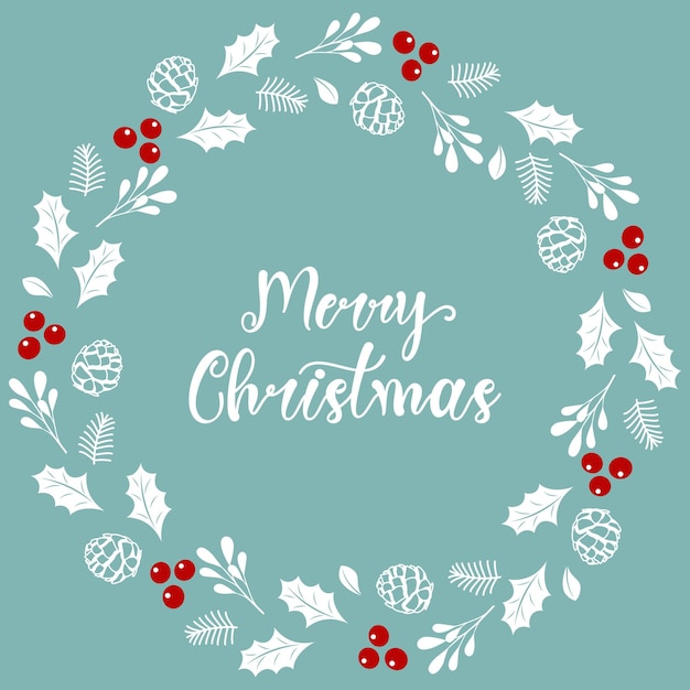 Texto de Feliz Navidad dibujado a mano con ilustración de ramas de árboles, conos de bayas y acebo