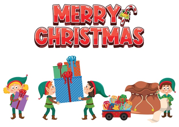 Texto de feliz navidad con personaje de dibujos animados de duendes