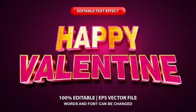 Texto de feliz san valentín, efecto de texto 3d editable, efecto brillante estilo de fuente del día de san valentín