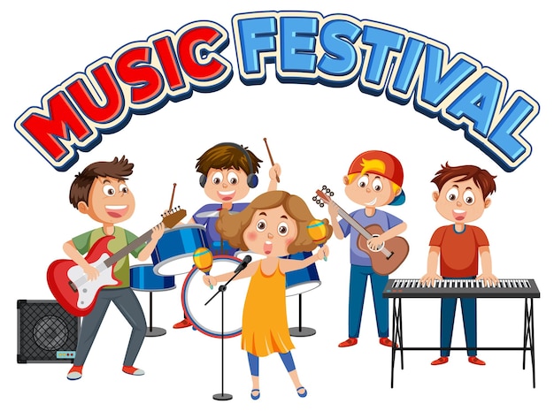 Vector texto del festival de música con niños tocando instrumentos musicales.