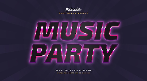 Texto de fiesta musical en negro y morado con efecto neón brillante. Efecto de estilo de texto editable