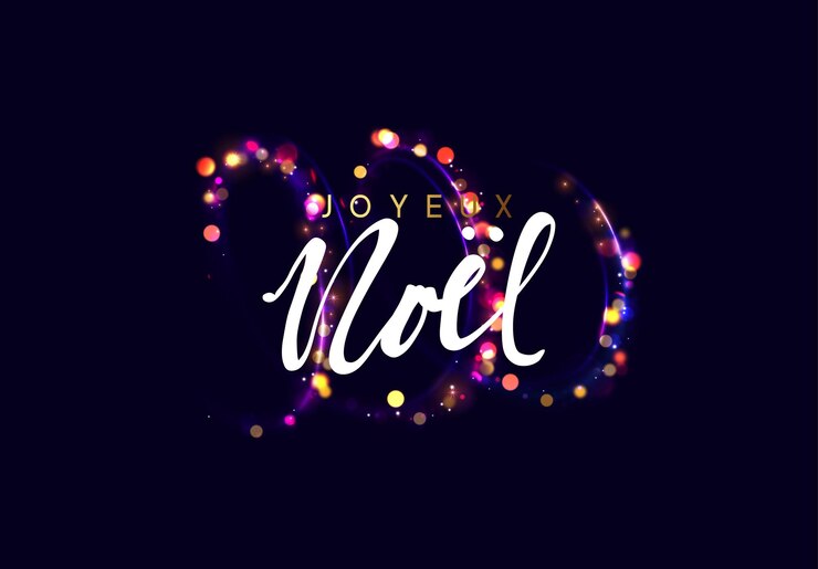 Vector texto en francés joyeux noel. fondo de navidad con luces doradas bokeh. tarjeta de felicitación de navidad. afiche mágico de vacaciones, pancarta. fondo de destellos de oro brillante de noche
