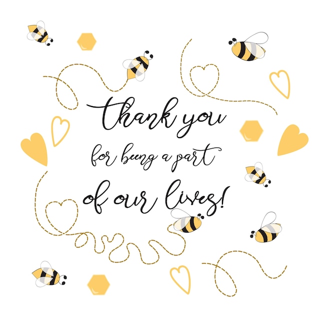 Vector texto gracias por ser parte de nuestras hojas dulces con miel de abeja diseño de tarjeta lindo para niñas niños con abejas ilustración vectorial impresión de etiqueta de banner lindo agradecido cita inspiradora