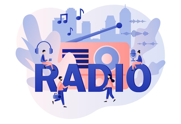 Texto grande de radio Gente diminuta escuchando boombox Onair audio music talk show entrevistas de invitados