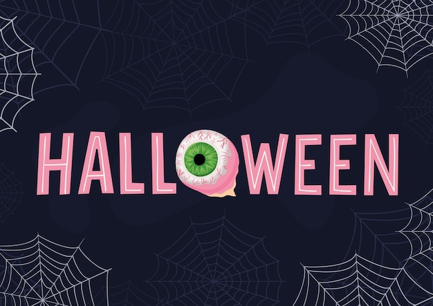 Texto de halloween con dibujos animados de ojos y diseño de telarañas, tema de vacaciones y miedo