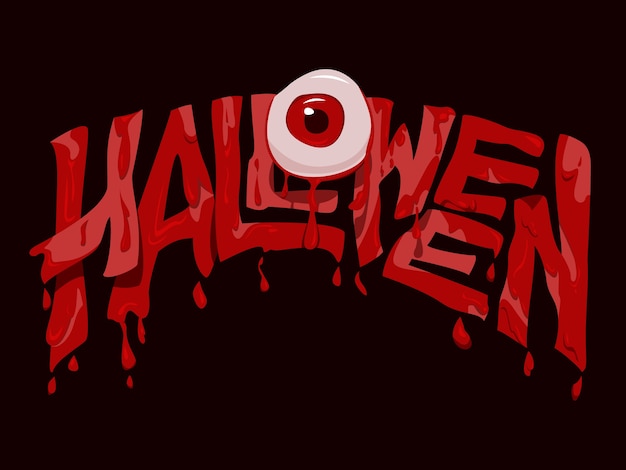 Vector texto de halloween con el globo ocular sangriento en estilo terror.