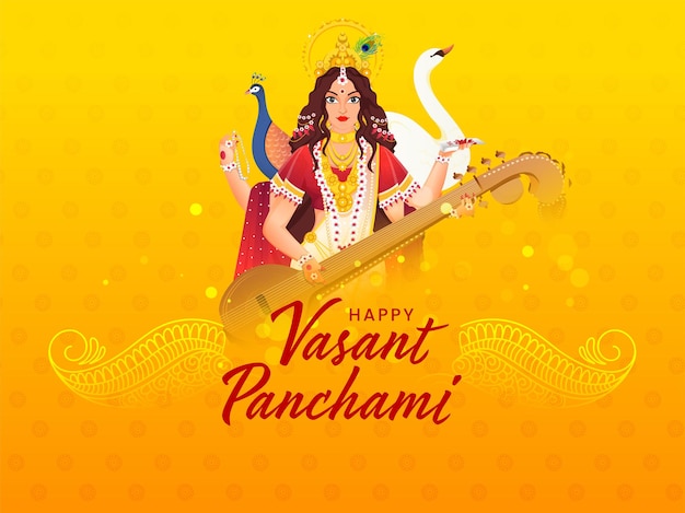 Texto en hindi los mejores deseos de vasant panchami con el hermoso personaje de la diosa saraswati, el cisne y el pavo real