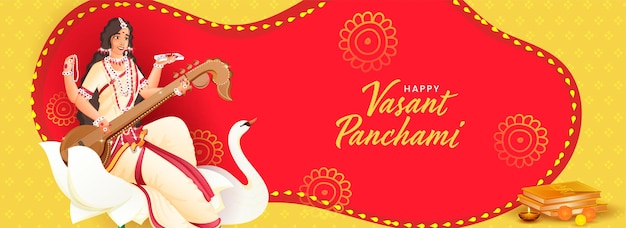 Texto en hindi los mejores deseos de vasant panchami con el personaje de la diosa saraswati en lotus flower, swan bird