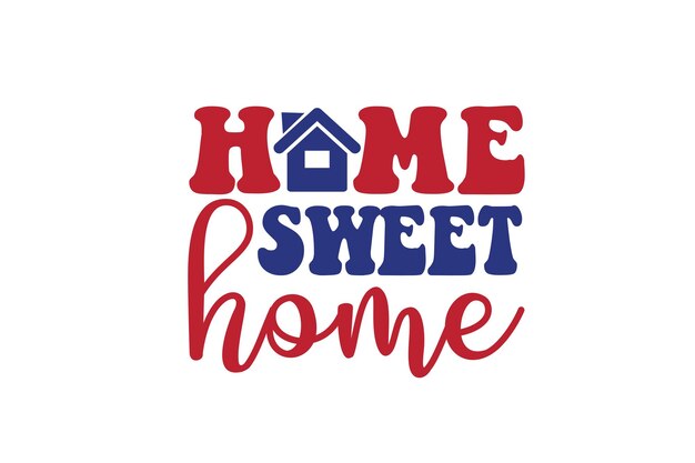 Texto hogar dulce hogar con casa azul y casa sobre un fondo blanco.