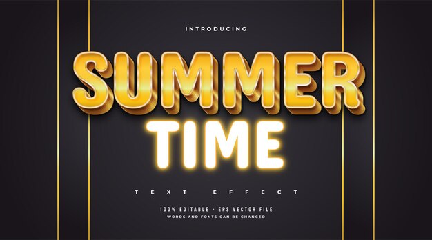 Texto de horario de verano en estilo dorado de lujo y efecto de neón brillante. Efecto de estilo de texto editable