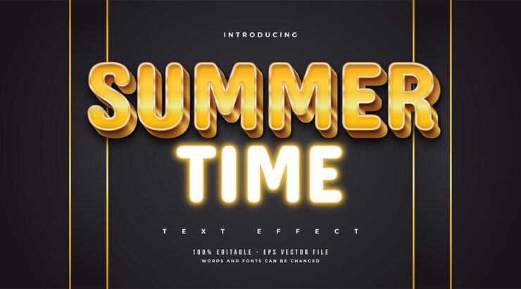 Vector texto de horario de verano en estilo dorado de lujo y efecto de neón brillante. efecto de estilo de texto editable
