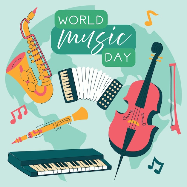 Texto de ilustración vectorial del Día Mundial de la Música Una ilustración plana del fondo conceptual del vector