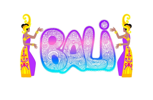 Texto de inscripción con letras a mano bali con la isla famosa de bailarina tradicional bali en indonesia