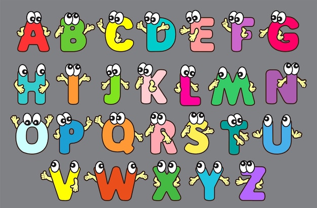 Vector texto de letras del alfabeto de caracteres divertidos. mayúscula inglés abc contorno negro