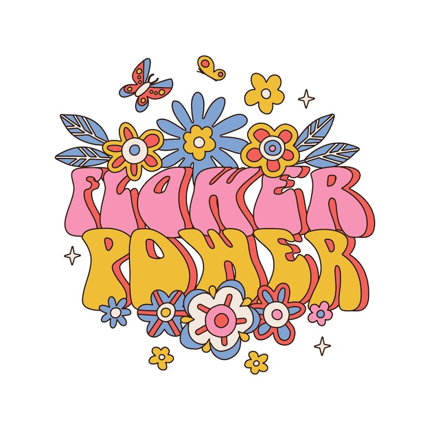 Vector texto de letras flower power con plantilla de concepto de margarita y mariposa con símbolos florales aislados o