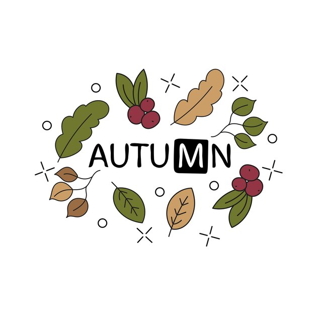 texto de letras de mano de vector sobre otoño con hojas y puntos de doodle