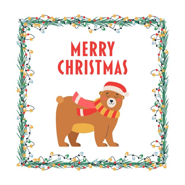 Texto de letras navideñas y guirnalda de marco de oso con rama de árbol de bombillas