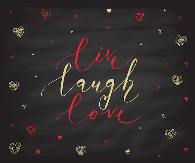 Texto de Live Laugh Love dibujado a mano como insignia del Día de San Valentín Tarjeta postal romántica invitación