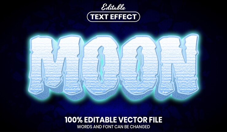 Vector texto de luna, efecto de texto editable de estilo de fuente