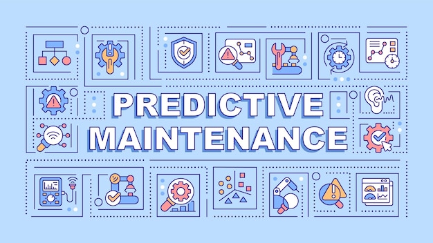 Texto de mantenimiento predictivo con varios iconos lineales delgados concepto sobre fondo monocromático azul ilustración vectorial 2D editable