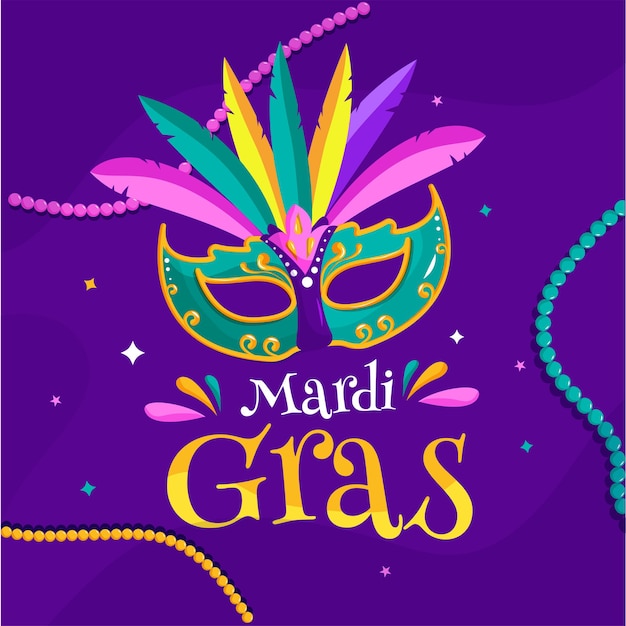 Texto de Mardi Gras con máscara de carnaval colorida sobre fondo púrpura