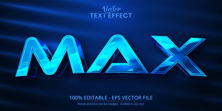 Vector texto máximo, efecto de texto editable de estilo de color cromado azul brillante
