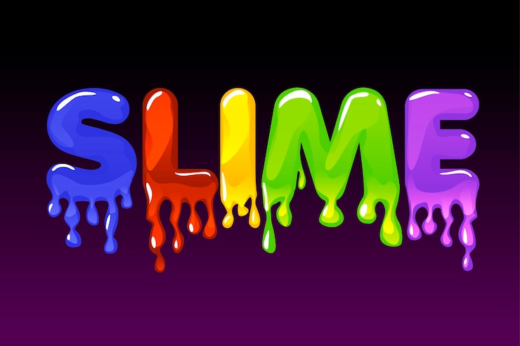 Vector texto multicolor de limo sobre fondo oscuro para banner. logotipo de ilustración vectorial y una sustancia viscosa y pegajosa para juegos de interfaz de usuario.