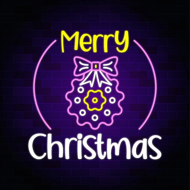Texto de neón de feliz Navidad con pajarita y flor navideña - banner y fondo de letrero de neón premium
