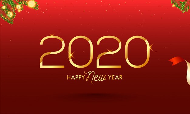 Texto de oro feliz año nuevo 2020 sobre fondo rojo decorado