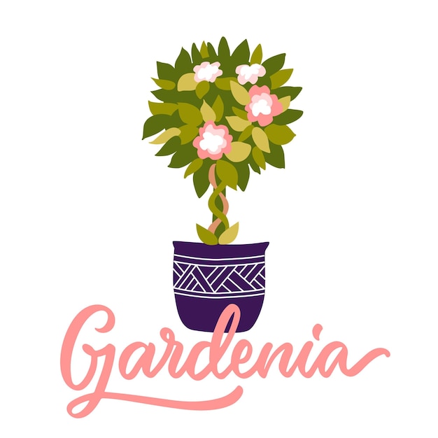El texto y la planta de la casa de flores gardenia el logotipo escrito a  mano es bueno para los mercados de las tiendas de flores | Vector Premium