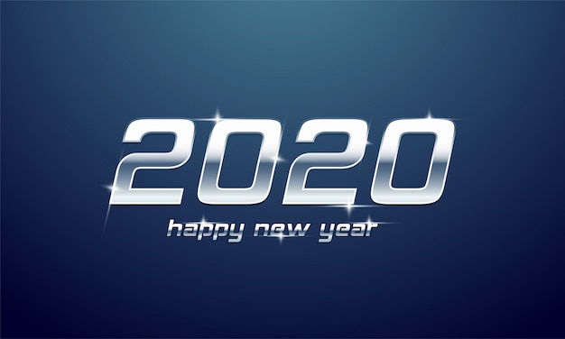 Texto plateado brillante de 2020 feliz año nuevo en azul