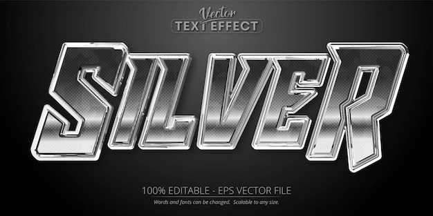 Vector texto plateado, efecto de texto editable de estilo de color plateado brillante