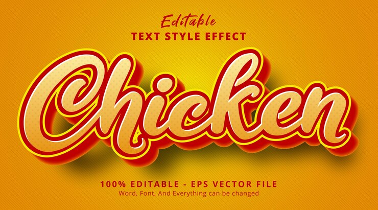 Vector texto de pollo en efecto de estilo degradado naranja, efecto de texto editable