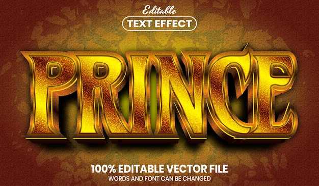 Vector texto de príncipe, efecto de texto editable de estilo de fuente dorado