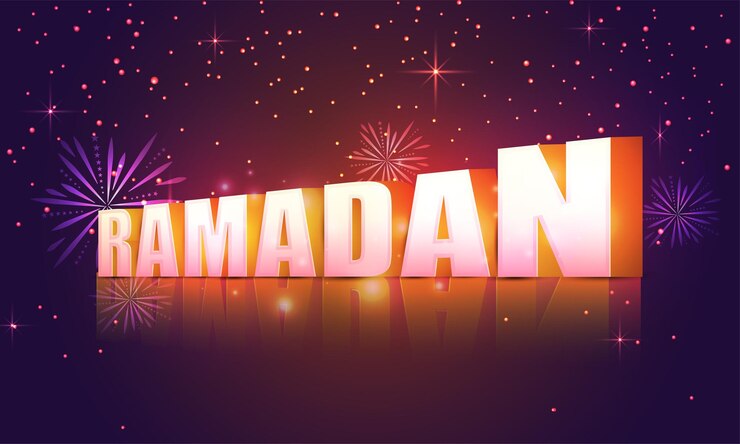 Vector texto de ramadán 3d con fuegos artificiales de efecto de sombra sobre fondo púrpura de efecto de luces