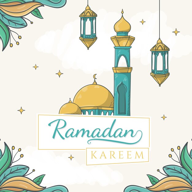 Texto Ramadan Kareem en etiquetas de papel con mezquita dibujada a mano y adornos islámicos