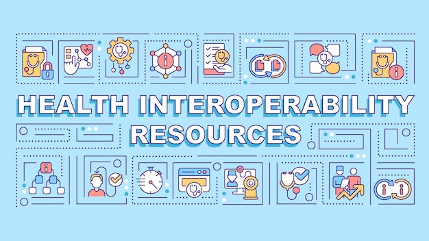 Texto de recursos de interoperabilidad de salud con varios iconos de líneas finas concepto sobre fondo monocromático azul ilustración vectorial 2d editable